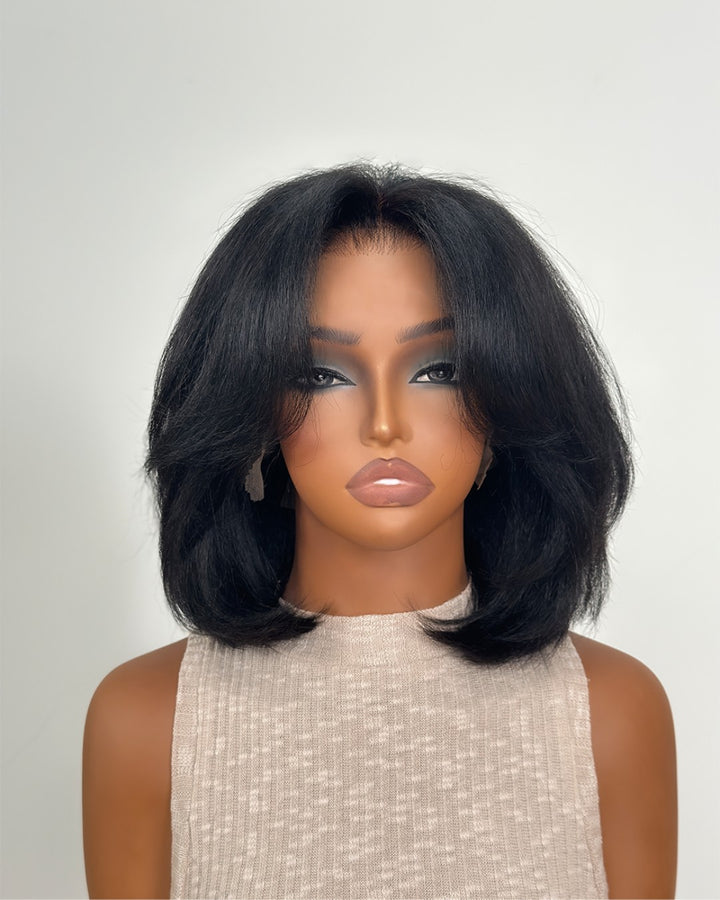 Natural Kinky Straight Layered Blowout Bob 5x5 Lace Closure Wig