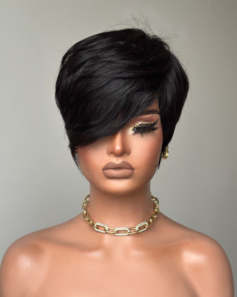 Long Layered Side Bangs Pixie Cut Human Hair Wig