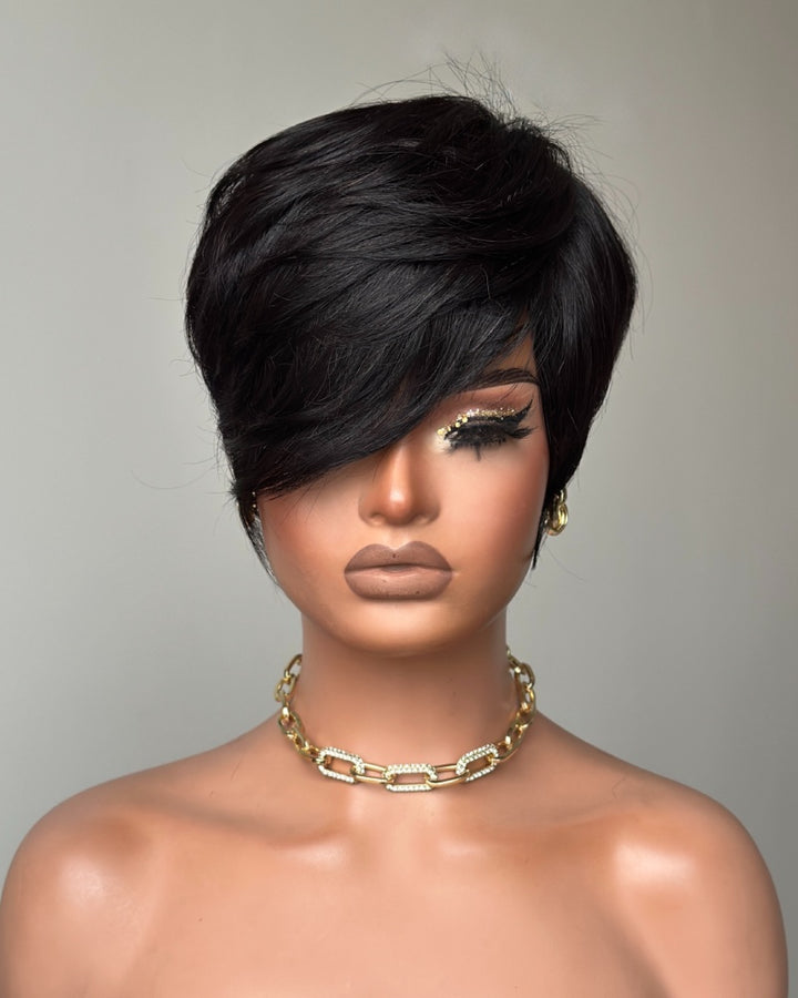 Long Layered Side Bangs Pixie Cut Human Hair Wig