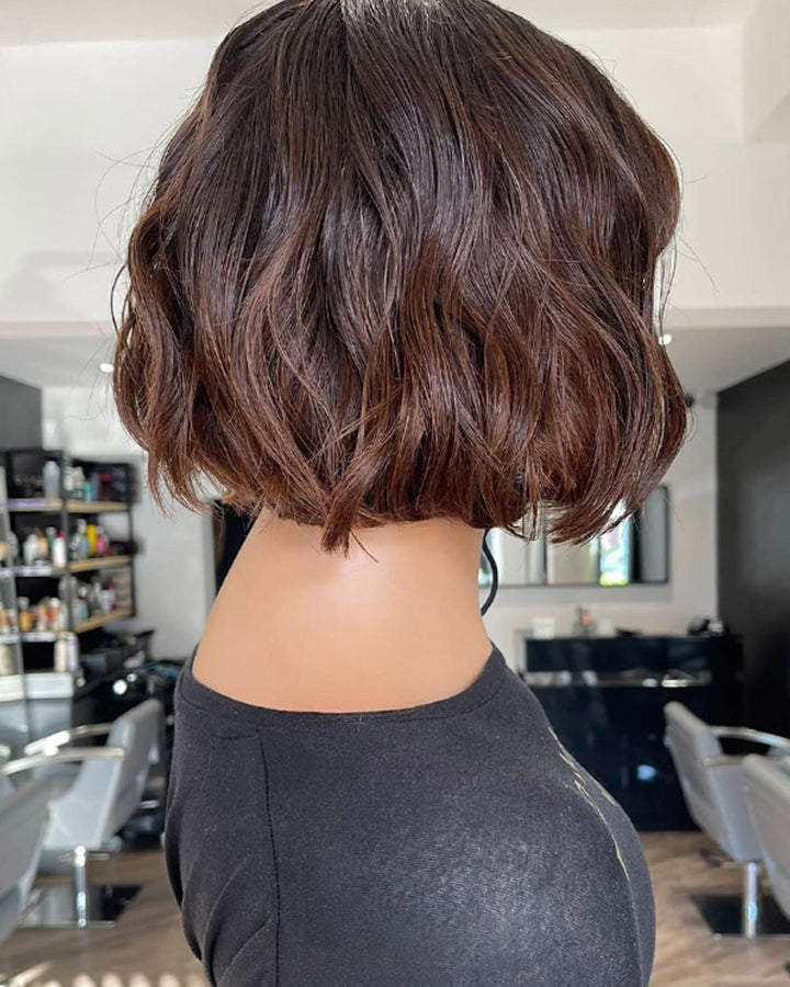 Short Wavy French Bob With Bangs Chestnut Brown Ombre Wig