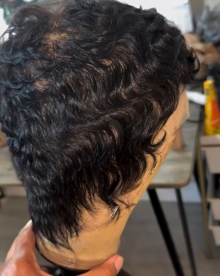 Full Lace Wave Curls Short Pixie Cut Wig 100% Human Hair