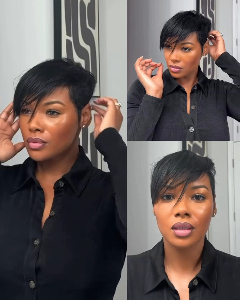 Natural Full Lace Pixie Cut Wig With Side Swept Bangs
