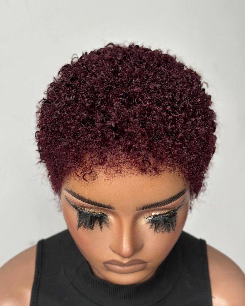 Beginner-friendly Black & Burgundy Short Curly Pixie Wig