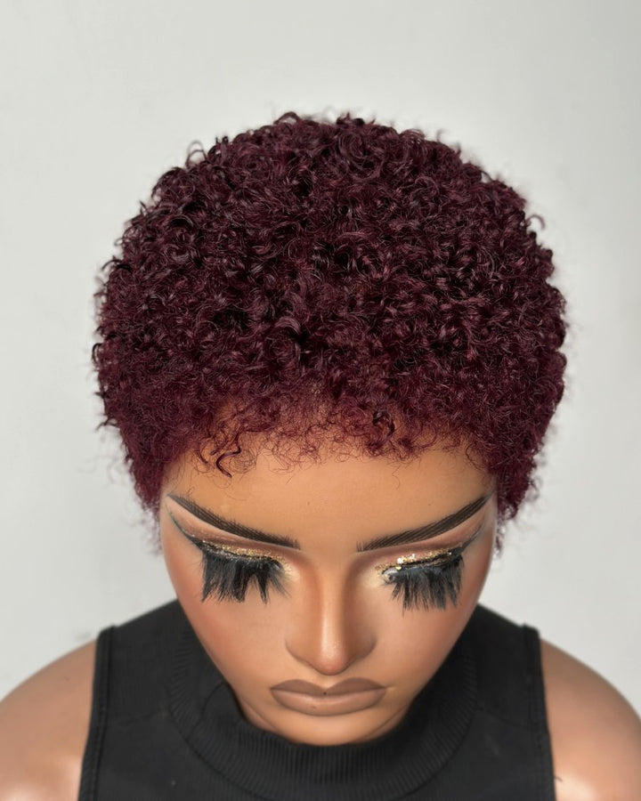 Beginner-friendly Black & Burgundy Short Curly Pixie Wig
