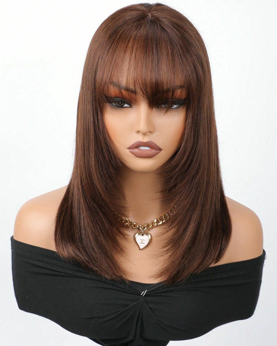 Brown Color Layered Bangs Straight 5x5 Lace Wig