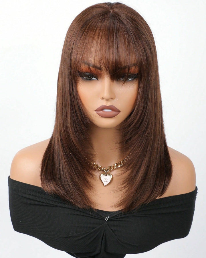 Brown Color Layered Bangs Straight 5x5 Lace Wig