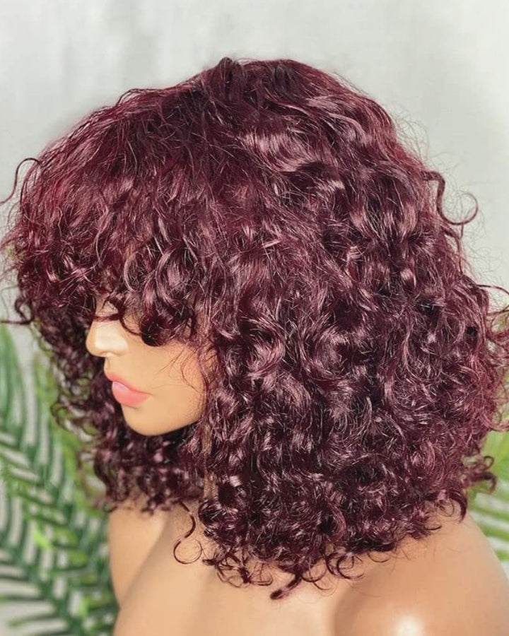Beginner Friendly Glueless Burgundy Curly Bangs Wig