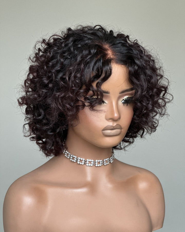 Ombre Reddish Brown Pixie Curly 5x5 Lace Closure Wig With Bangs