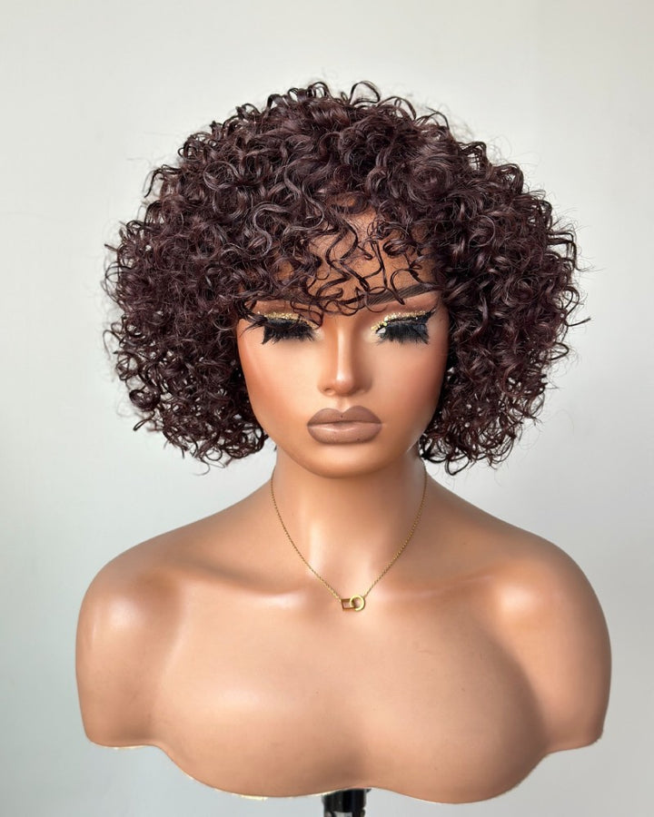 Put on & Go Brown Pixie Cut Curly Bob Wig 100% Human Hair