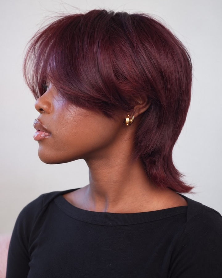 99J Burgundy Feathered Mullet 7x5 Drawstring Lace Wig with Bangs