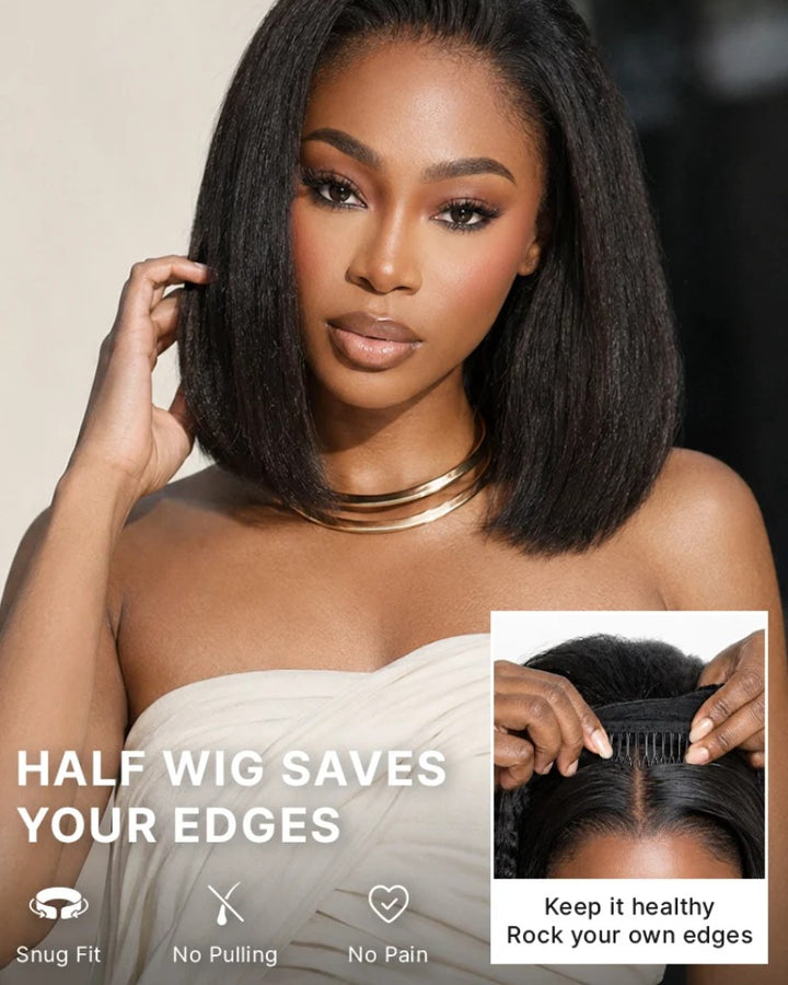 Natural Kinky Straight Glueless Drawstring Half Wig