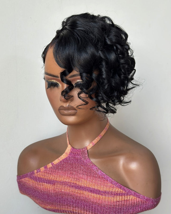 Drama Asymmetrical Curly Pixie 13x6 Lace Wig with Side Swept Bangs
