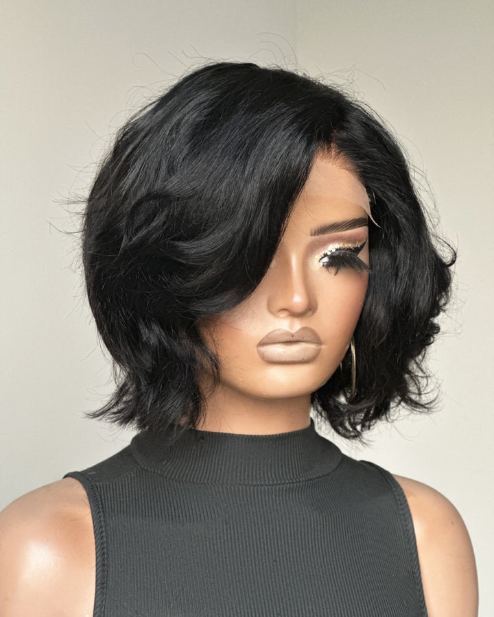 Natural Black Layered Fluffy Bob 5x5 Lace Closure Wig