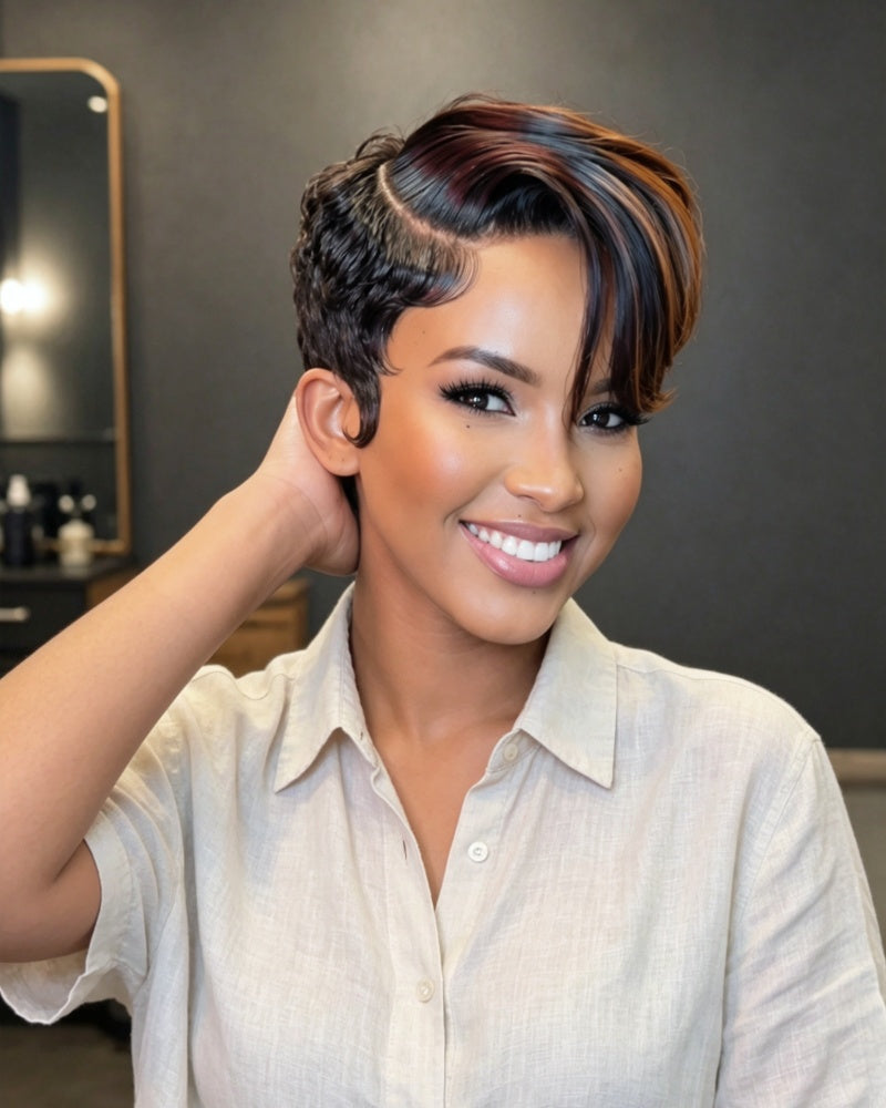 Boss Lady Style Short Pixie 13x6 Lace Wig with Highlights Bangs