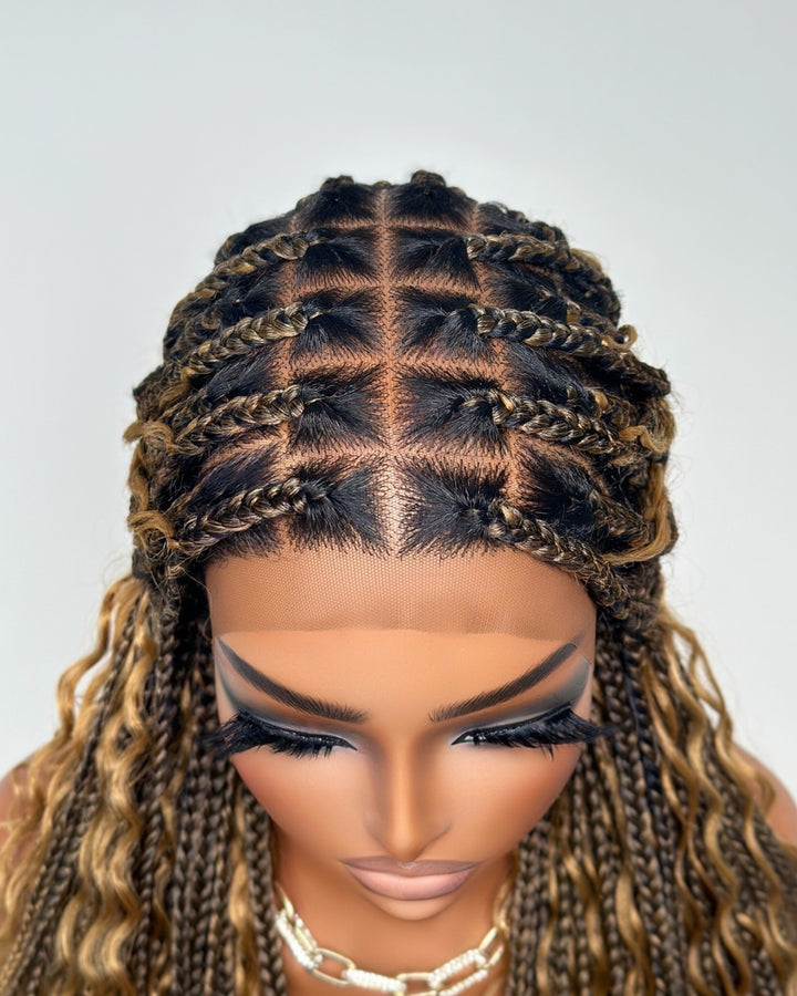 Tangleless Full Lace Bohemian Braided Curls Ombre Blonde Invisi Drawstring Wig
