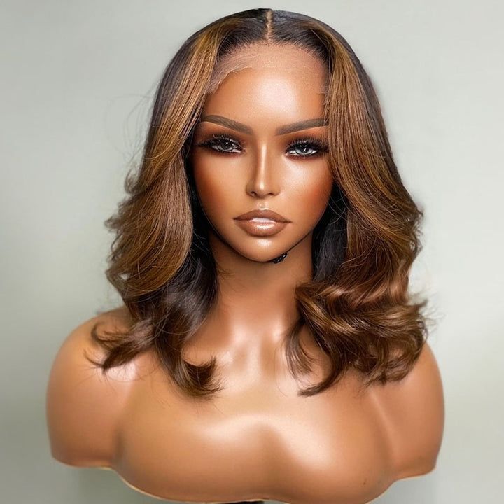 Layered Wavy Curtain Bangs Copper Brown Highlights Lace Front Wig