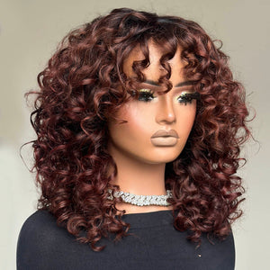 Glueless Ginger Brown Black Hair Root Curly Wig With Bangs