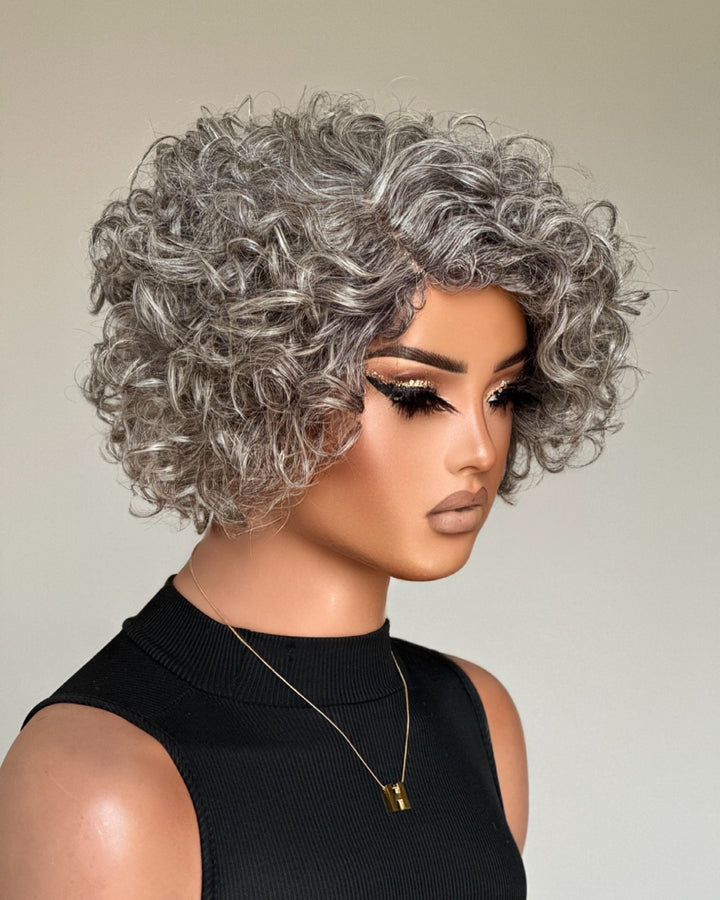 Glueless Salt & Pepper Color Curly Bob Wig