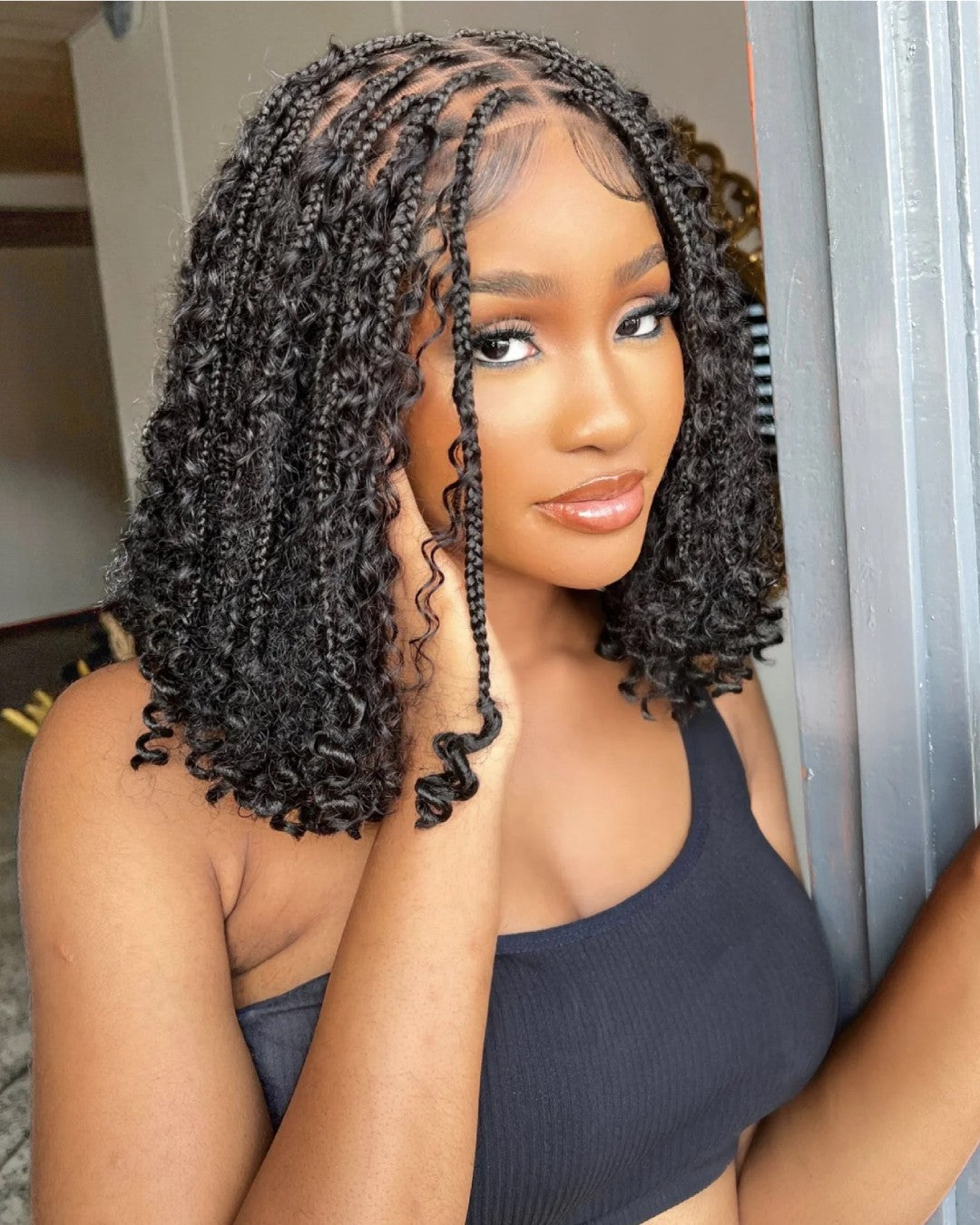 Full Lace Knotless Boho Curls Braided Bob Wig