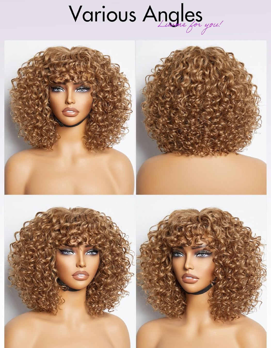 Golden Blonde Short Cut Water Wave Glueless Bangs Curly Wig