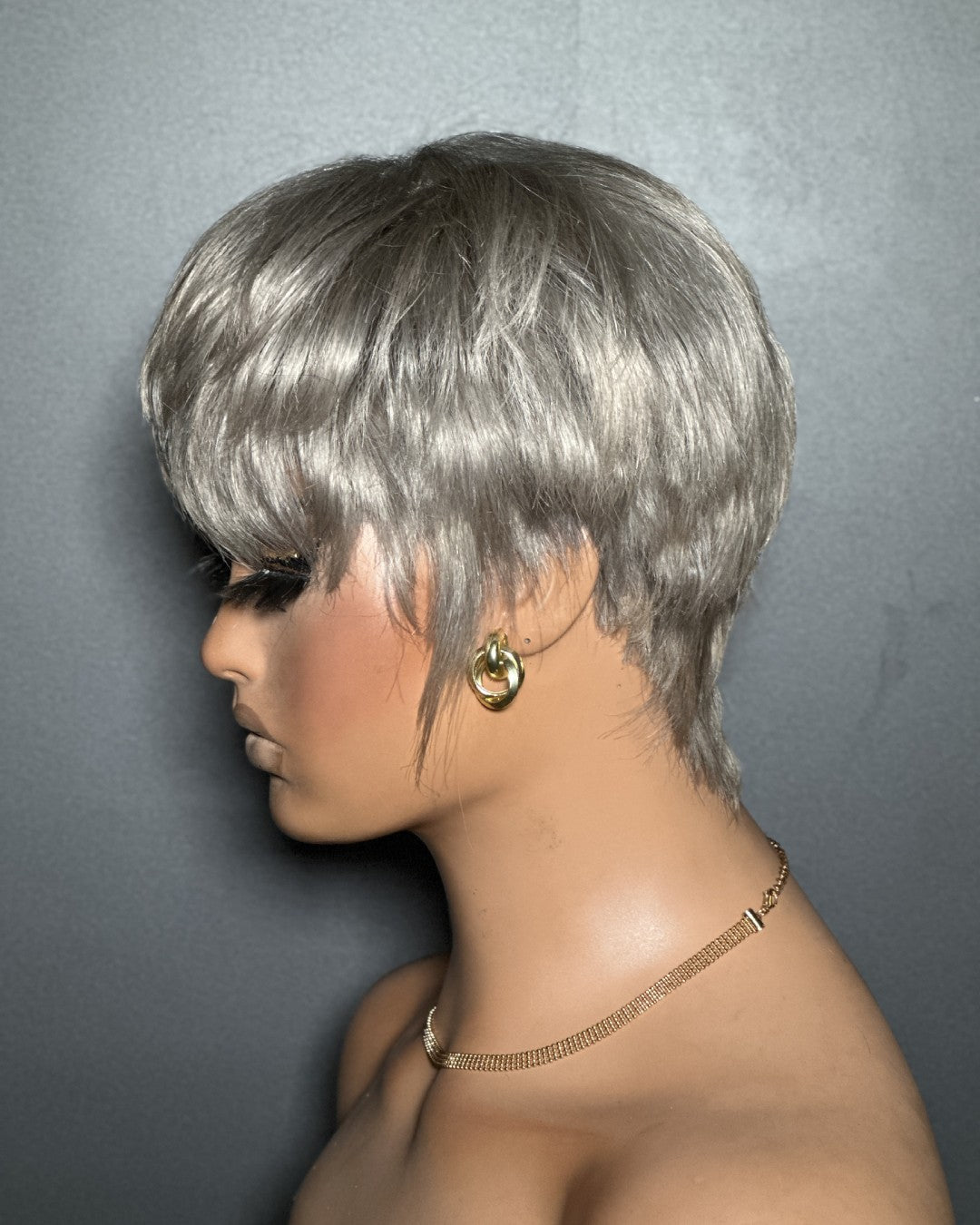 Ash Grey Layered Pixie Cut Glueless Human Hair Wig With Bangs