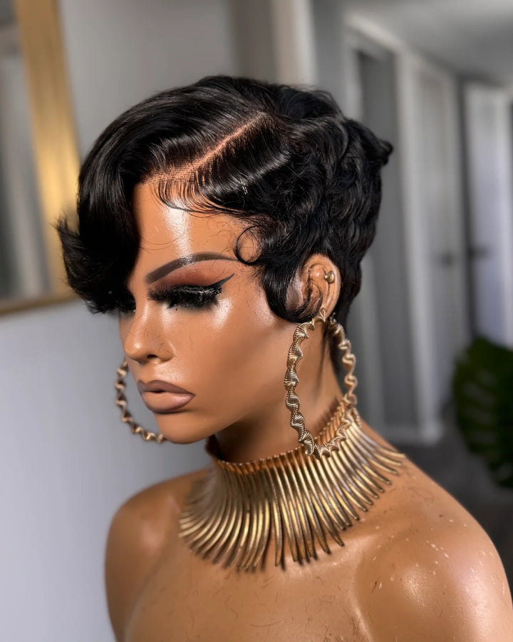 Full Lace Glueless Natural Black Pixie Cut Wig With Bangs