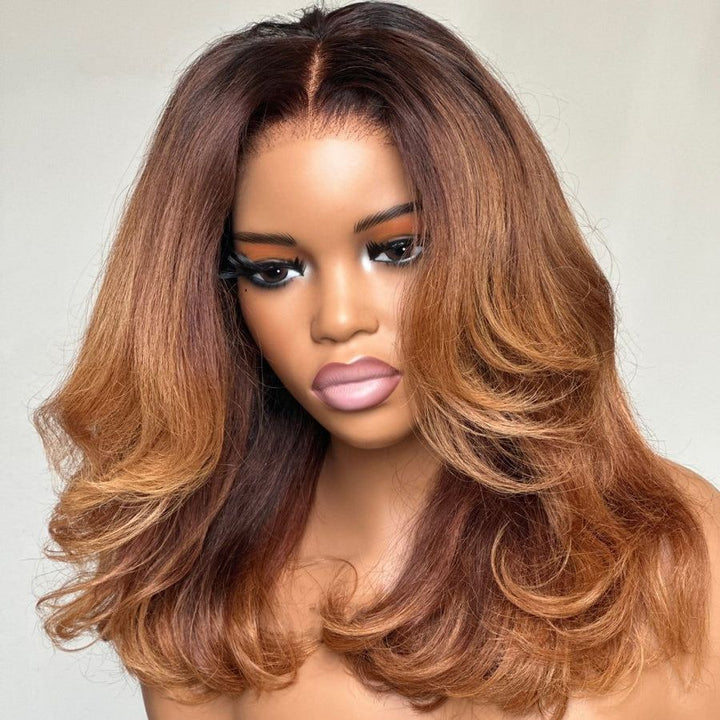 Ombre Light Brown Layered Cut Wavy 5x5 Lace Closure Wig