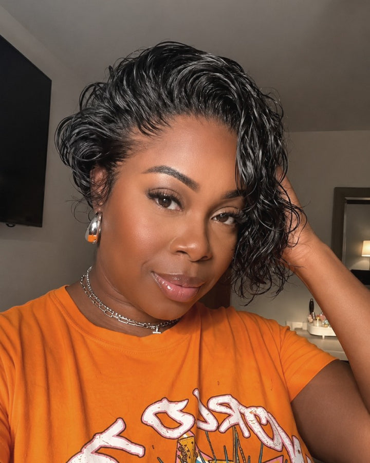 Wet Look Side-Swept Curly Pixie 13×6 Lace Front Wig with Drawstring
