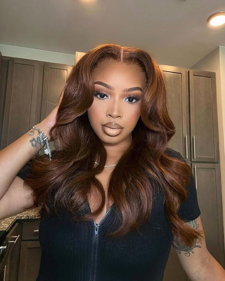 Cocoa Brown Layered Wavy With Curtain Bangs 5x5 Lace Closure Wig