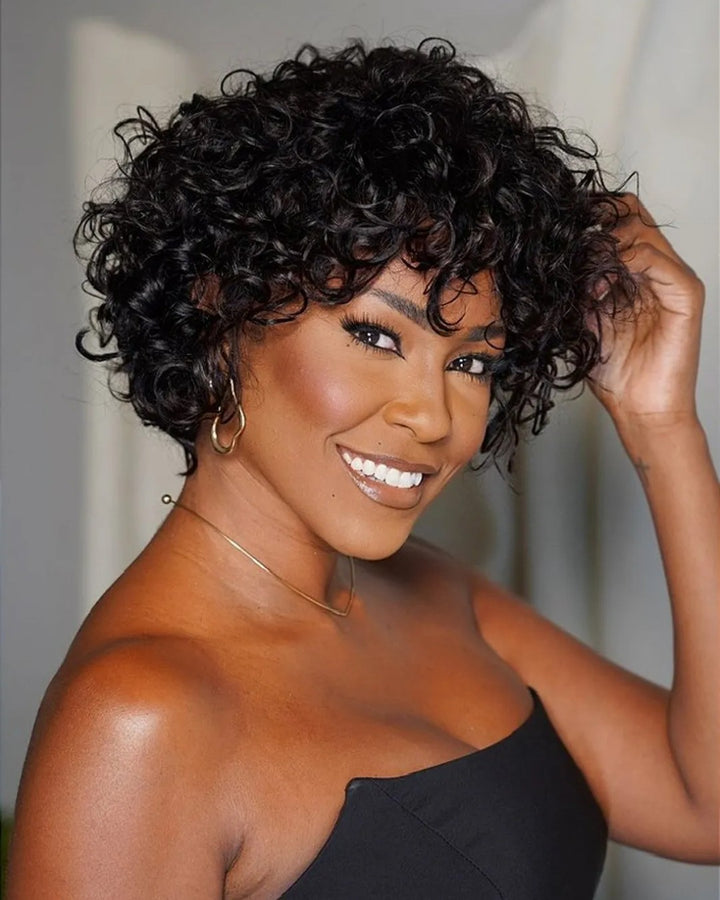 Wear & Go Wavy Curly Bangs Human Hair Wig