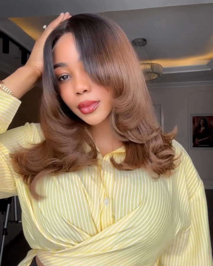 Ombre Brown Butterfly Layered Cut Bangs 5×5 Lace Closure Wig