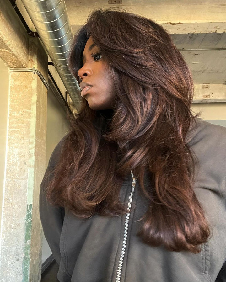 Cocoa Brown Layered Wavy With Curtain Bangs 5x5 Lace Closure Wig