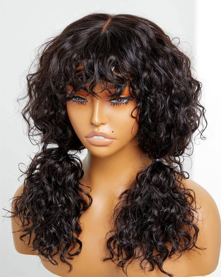 Natural Black Curly Bangs Wig Glueless Human Hair Wigs