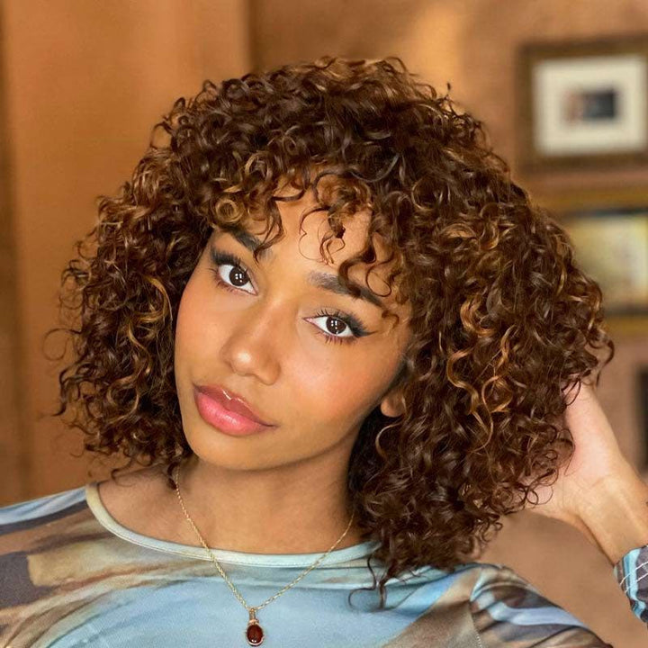 Messy Curly Brown Highlight Wig With Bangs