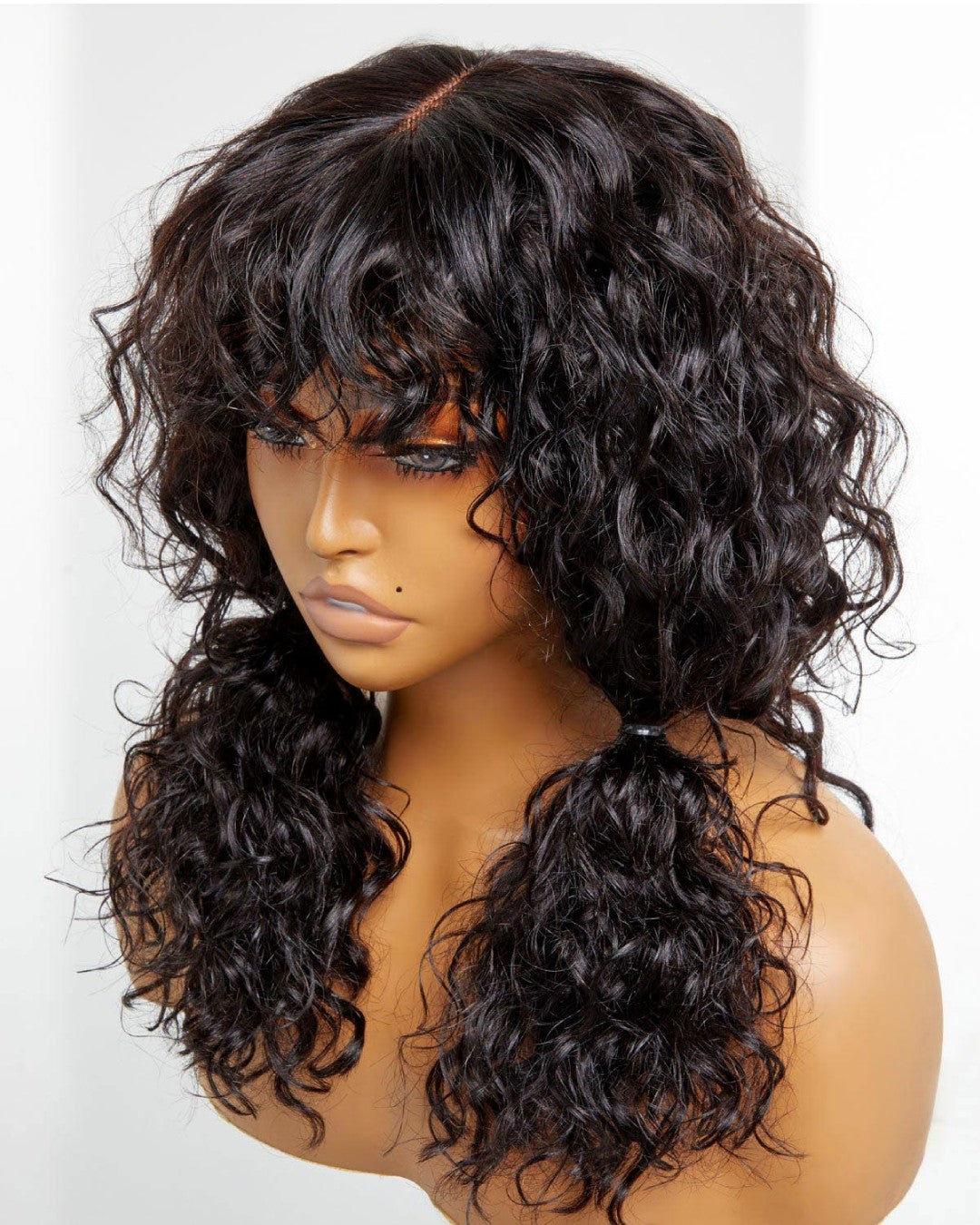 Natural Black Curly Bangs Wig Glueless Human Hair Wigs