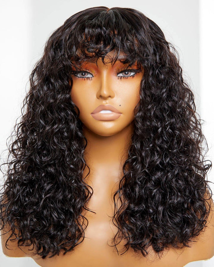 Natural Black Curly Bangs Wig Glueless Human Hair Wigs