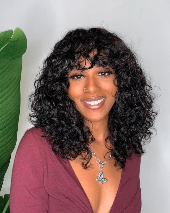 Natural Black Curly Bangs Wig Glueless Human Hair Wigs