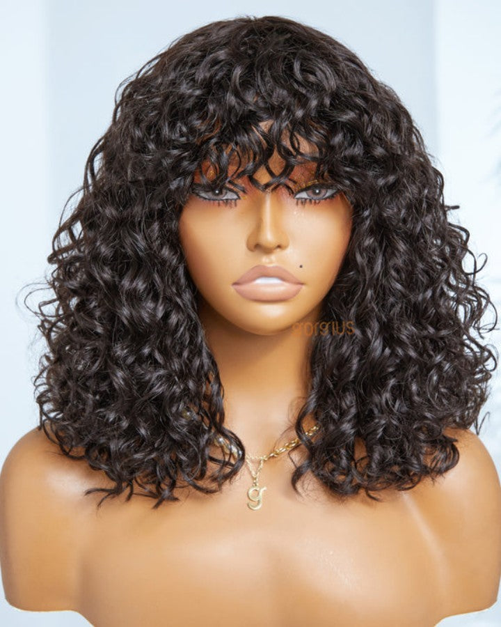 Natural Black Curly Bangs Wig Glueless Human Hair Wigs