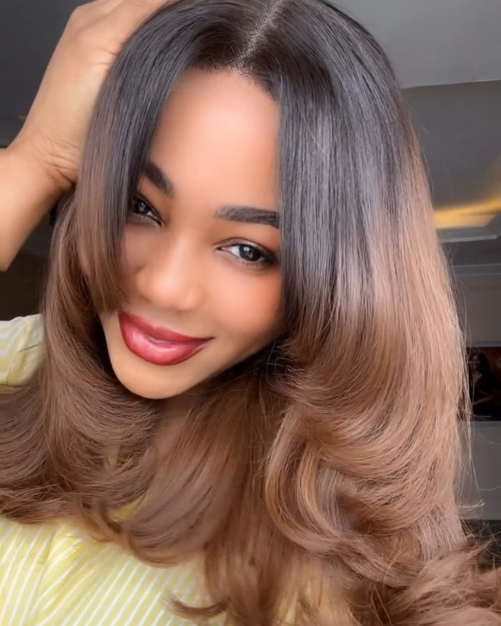 Ombre Brown Butterfly Layered Cut Bangs 5×5 Lace Closure Wig