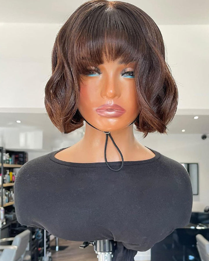 Short Wavy French Bob With Bangs Chestnut Brown Ombre Wig