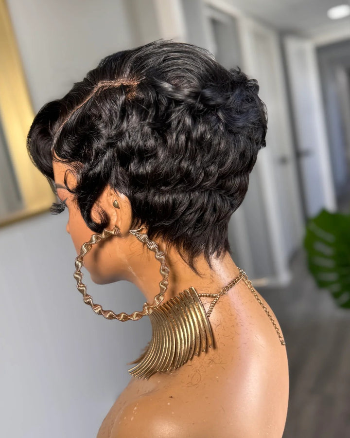 Full Lace Glueless Natural Black Pixie Cut Wig With Bangs