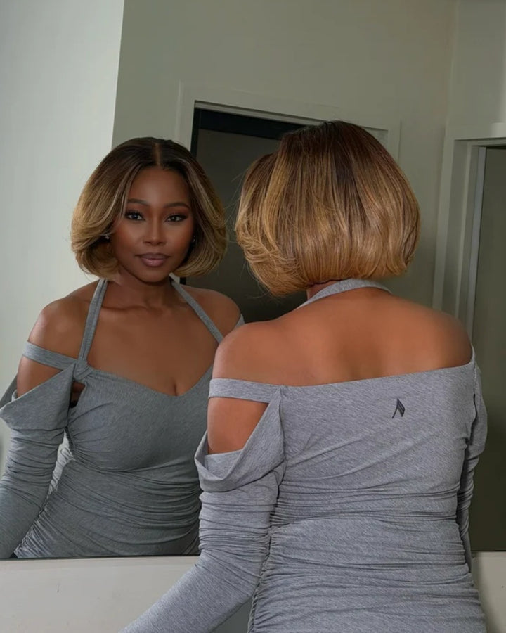 Blonde balayage layered wavy bangs 5x5 lace closure wig