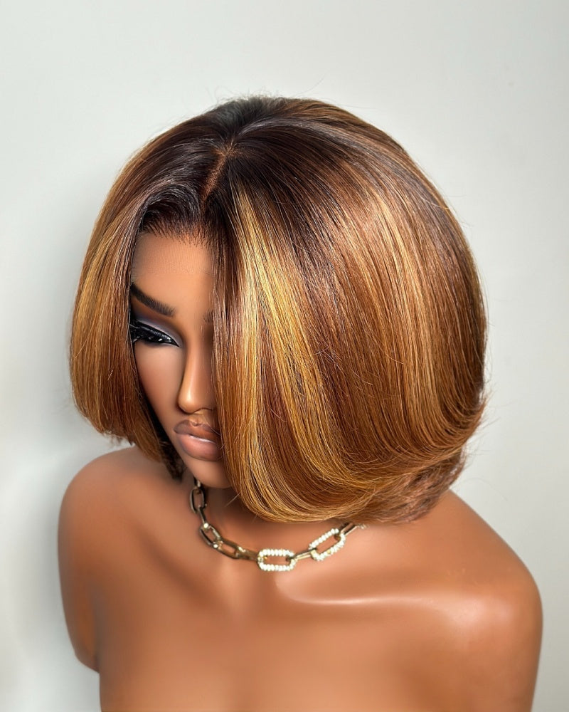 Brown & Honey Blonde Highlights Blowout Layered Bob 7x5 Lace Closure Wig