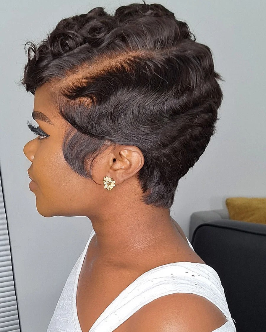 Side Bang Wave Curls Full Lace Short Pixie Cut Wig