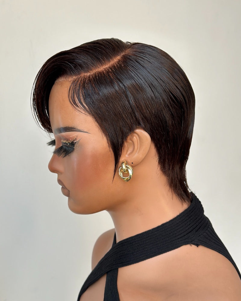 Dark Brown Full Lace Pixie Cut Wig With Side Swept Bangs