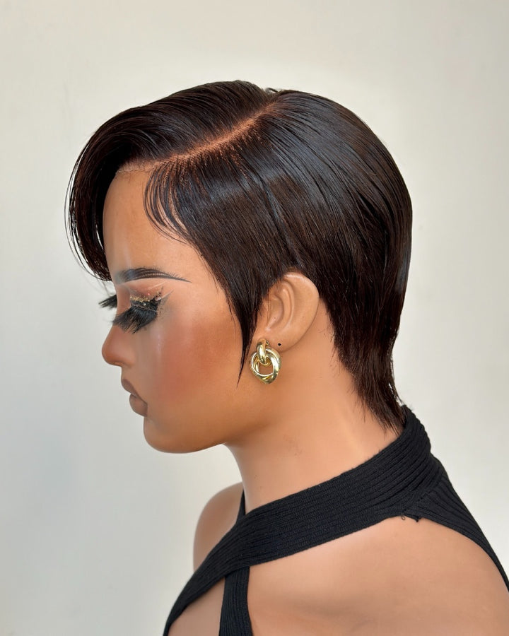 Dark Brown Full Lace Pixie Cut Wig With Side Swept Bangs