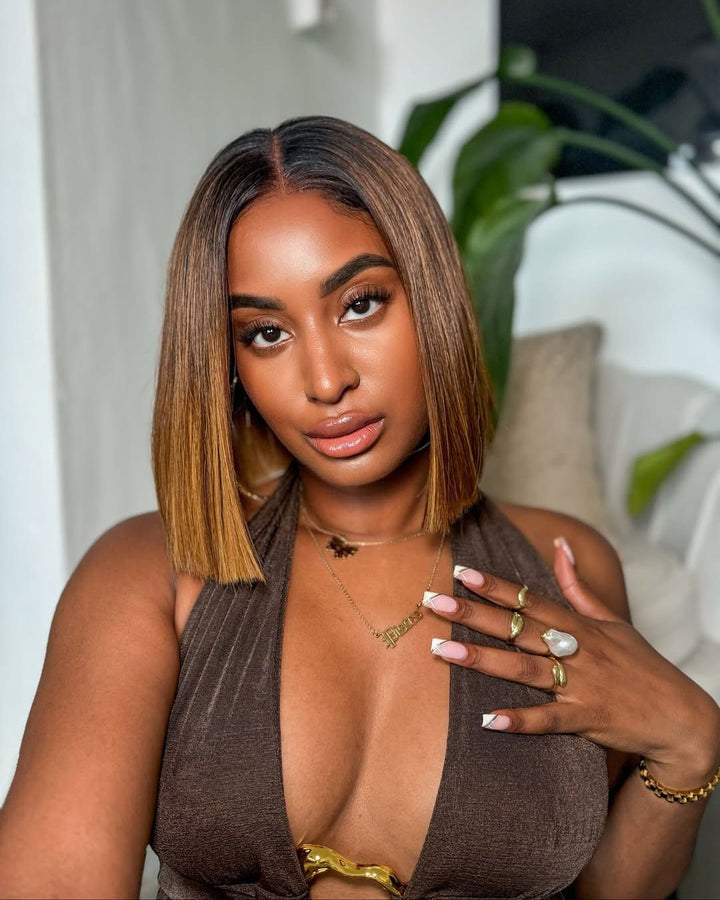 Ombre Brown With Honey Blonde Highlights Adjustable Cap Virgin Hair Bob HD Lace Wig