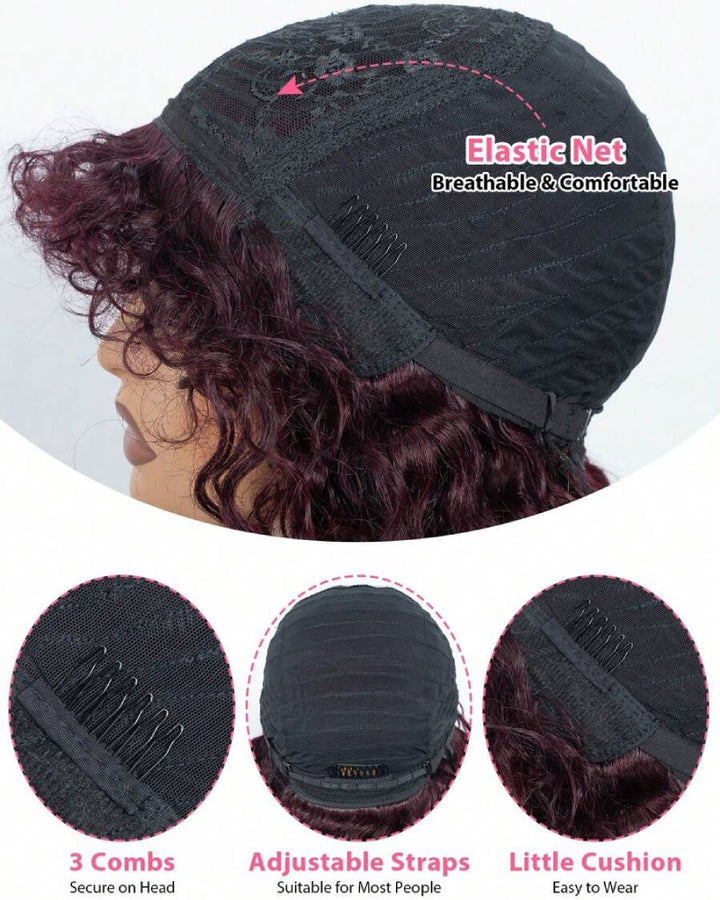 Beginner Friendly Glueless Burgundy Curly Bangs Wig