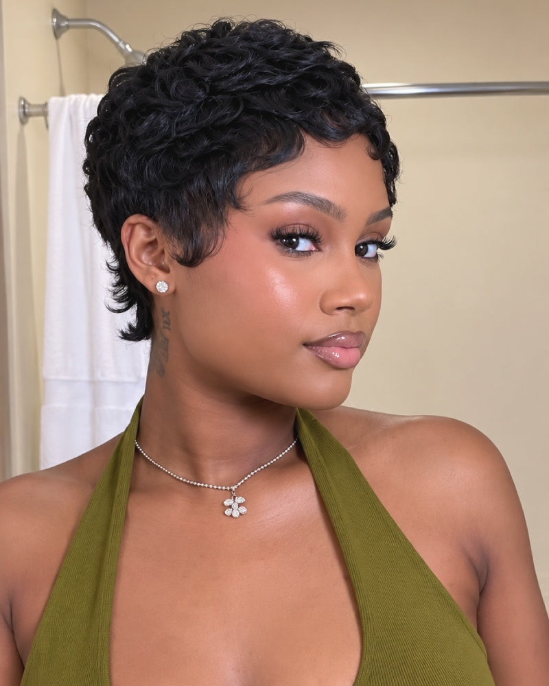 Vintage Flair Curly Pixie Mullet 13x6 Lace Wig with Curled Bangs