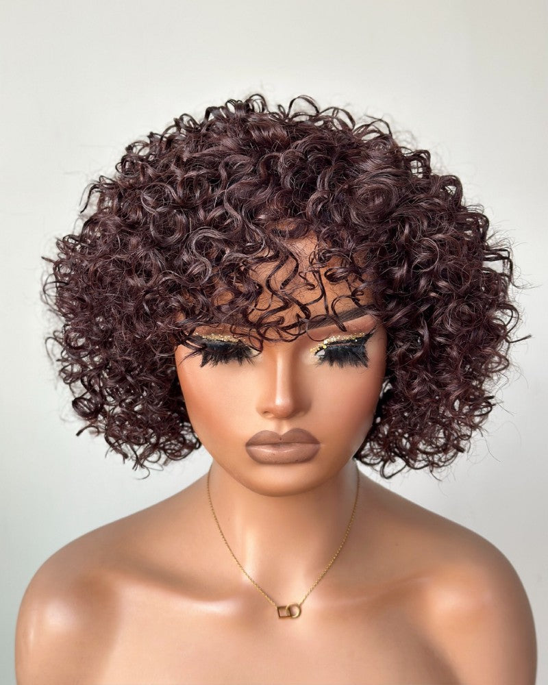 Put on & Go Brown Pixie Cut Curly Bob Wig 100% Human Hair